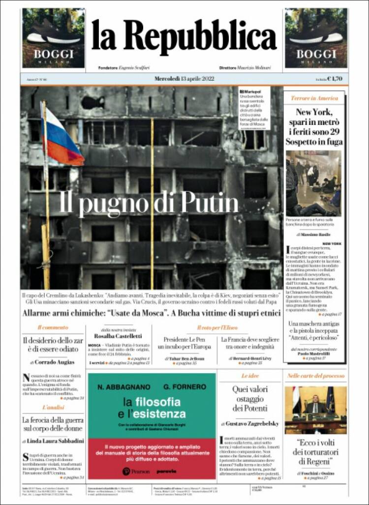 Portada de La Repubblica (Italia)