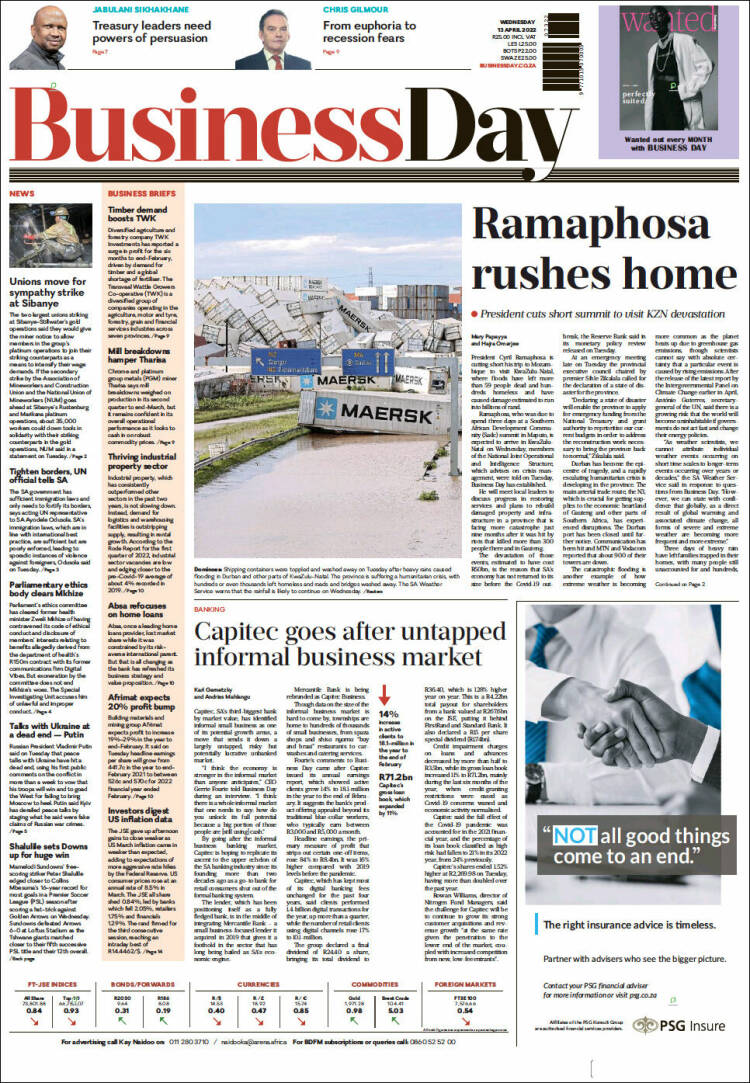 Portada de Business Day (Sud&aacute;frica)