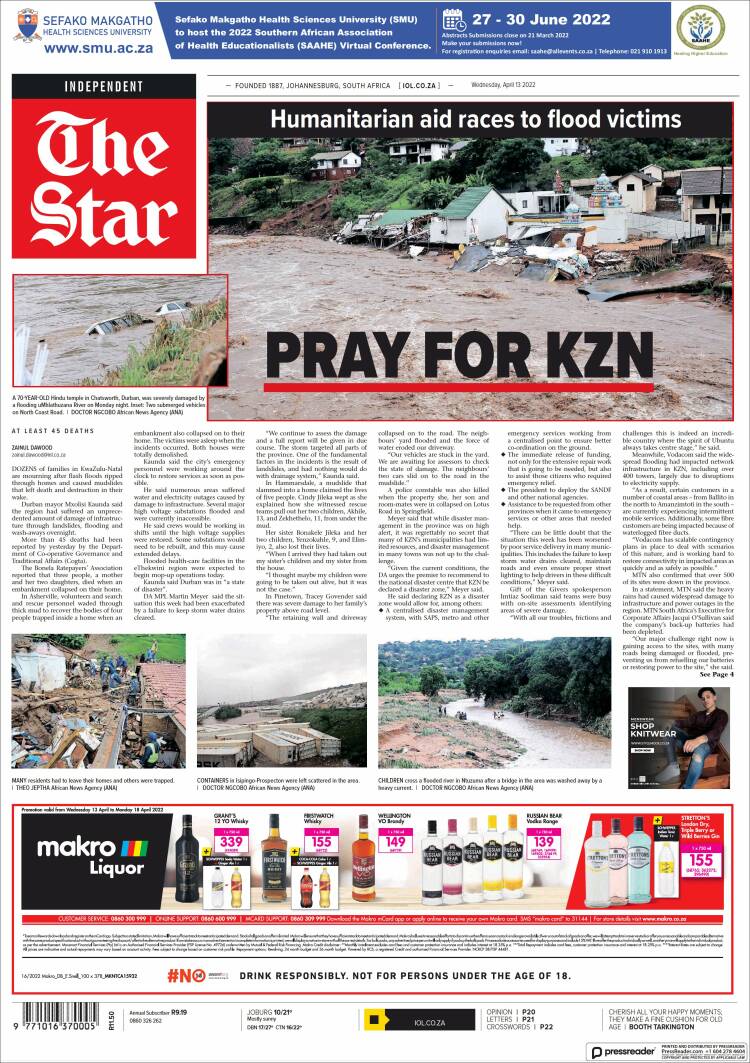 Portada de The Star (Sud&aacute;frica)