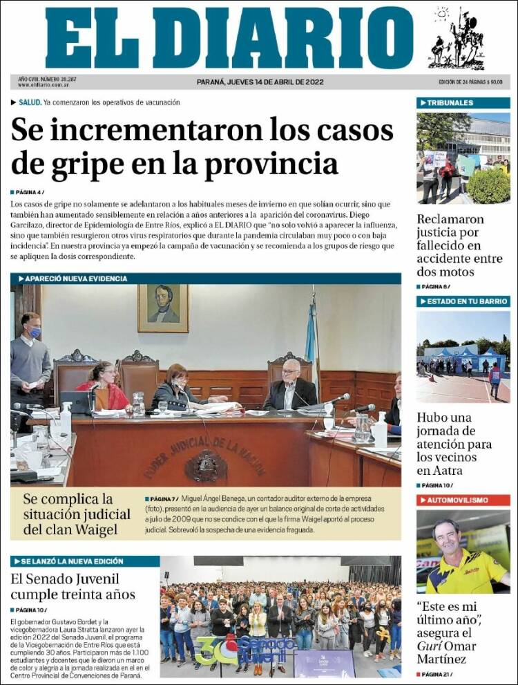 Portada de El Diario de Paraná (Argentina)