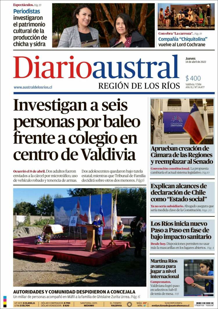 Portada de El Diario Austral de Valdivia (Chile)