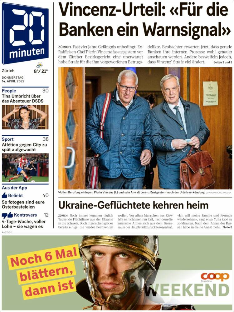 Portada de 20Minuten - Zürich (Suiza)