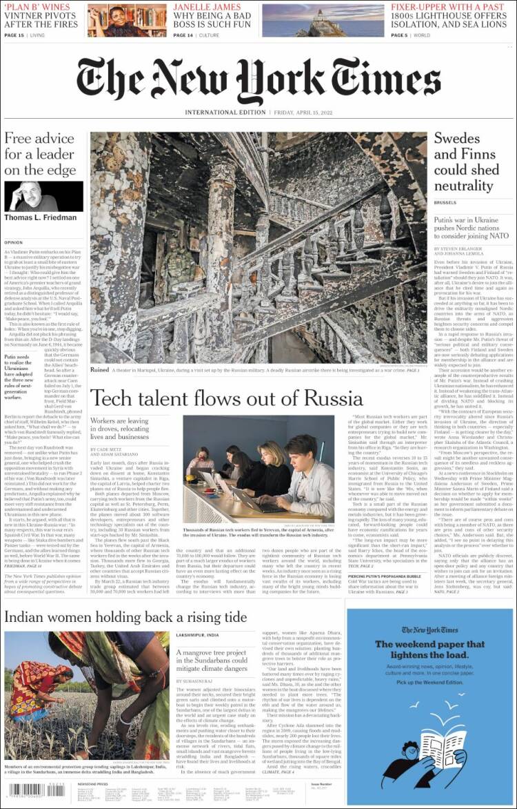 Portada de International New York Times (Europa)
