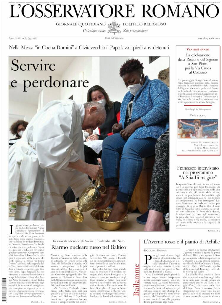 Portada de L'Osservatore Romano (Italia)