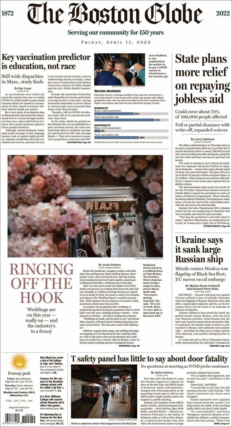 Portada de Boston Globe (USA)