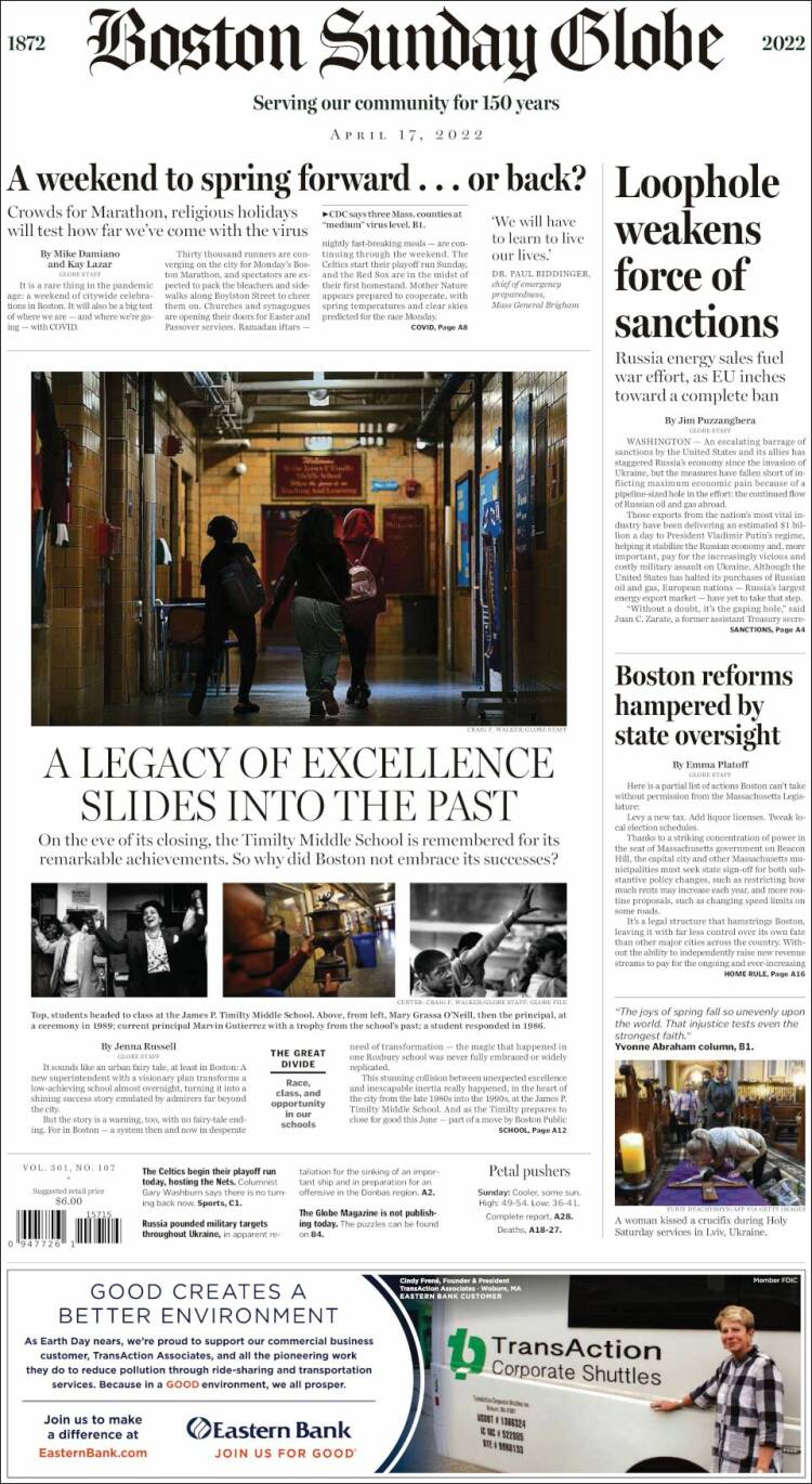 Portada de Boston Globe (USA)