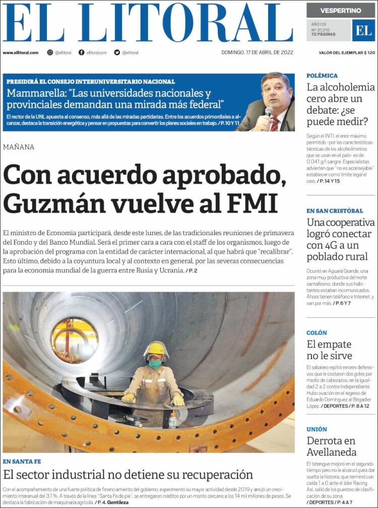 Portada de Diario El Litoral (Argentina)