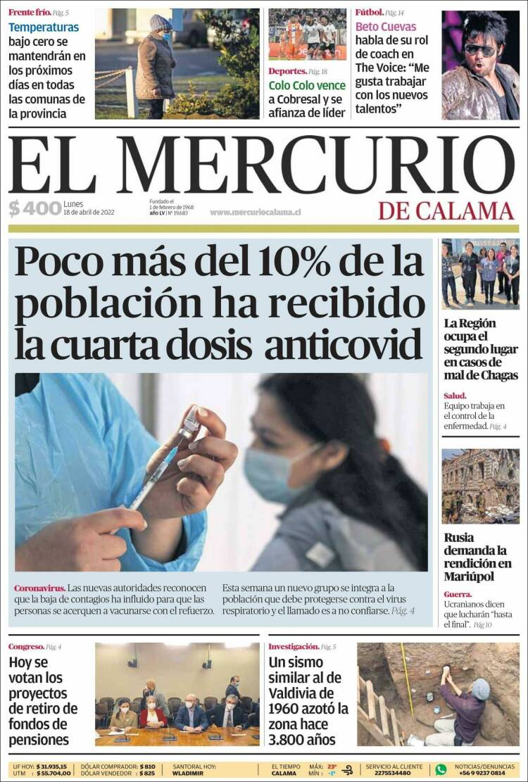 Portada de El Mercurio - Calama (Chile)
