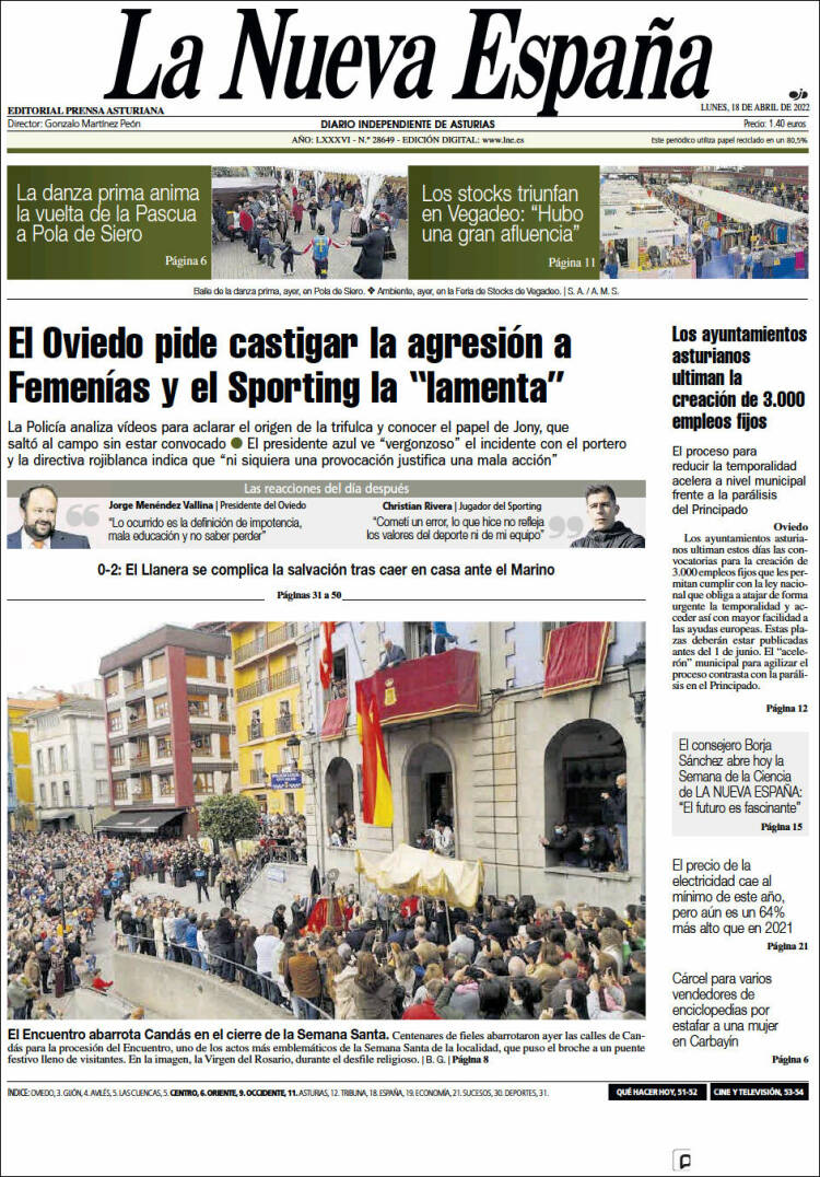 Portada de La Nueva España (Espa&ntilde;a)