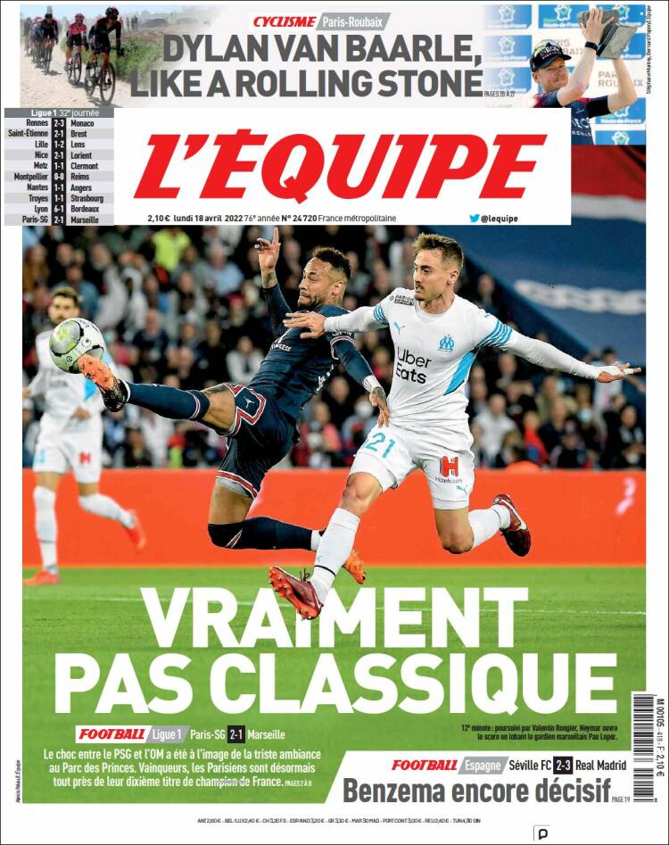 Portada de L'Equipe (Francia)