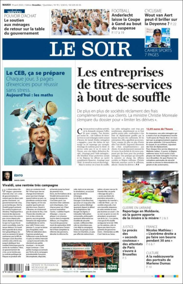 Portada de Le Soir (B&eacute;lgica)