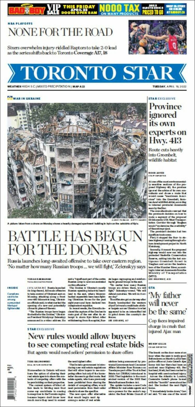 Portada de The Toronto Star (Canadá)