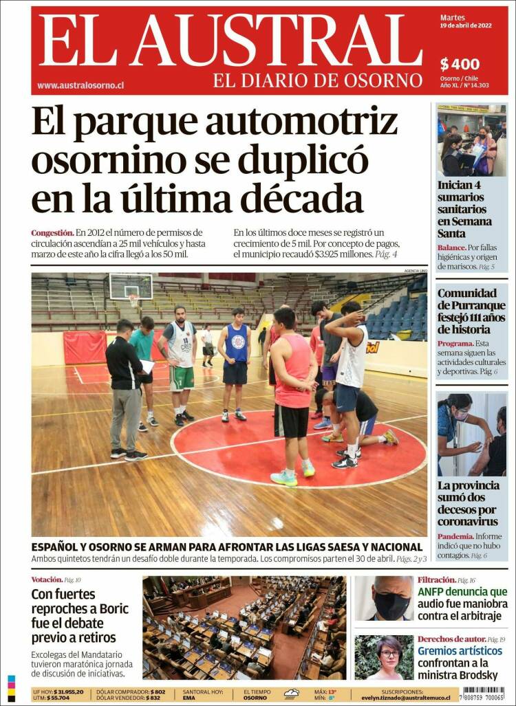 Portada de El Austral de Osorno (Chile)