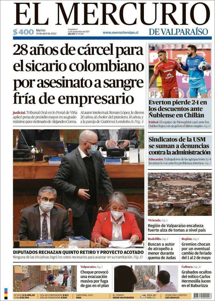 Portada de Mercurio de Valparaiso (Chile)