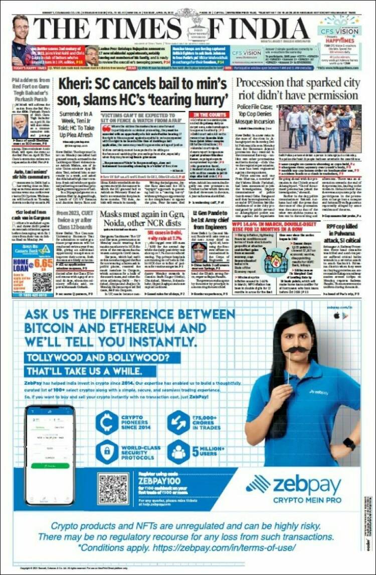 Portada de The Times of India (India)