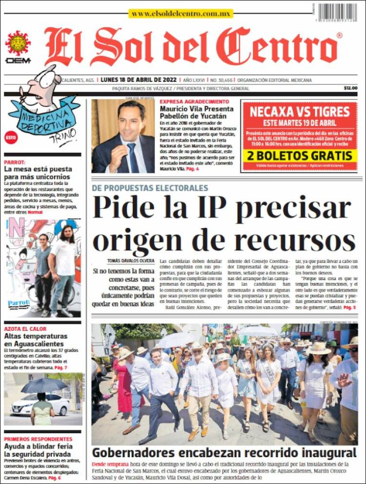 Portada de El Sol del Centro (M&eacute;xico)