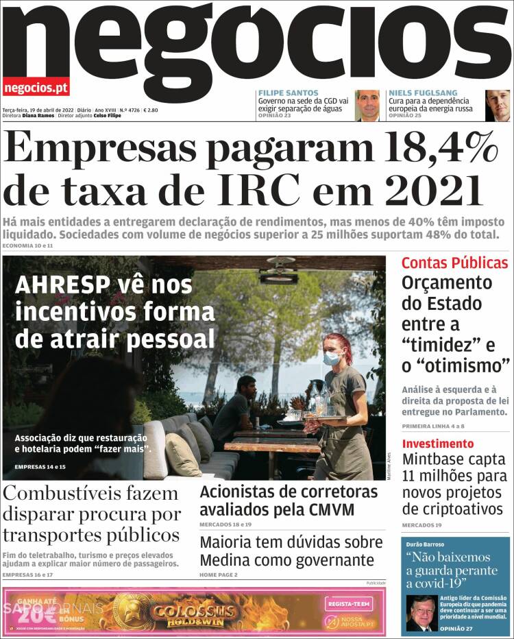 Portada de Jornal de Negócios (Portugal)