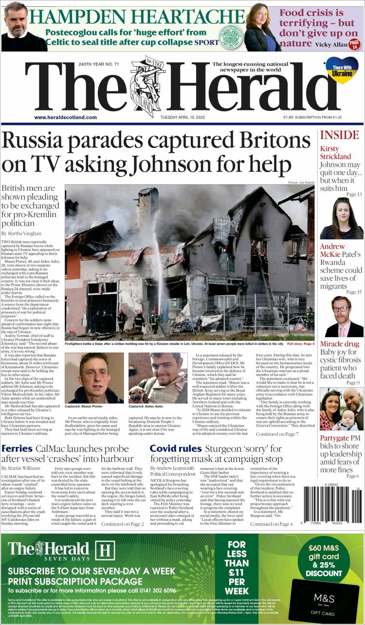 Portada de The Herald (Reino Unido)