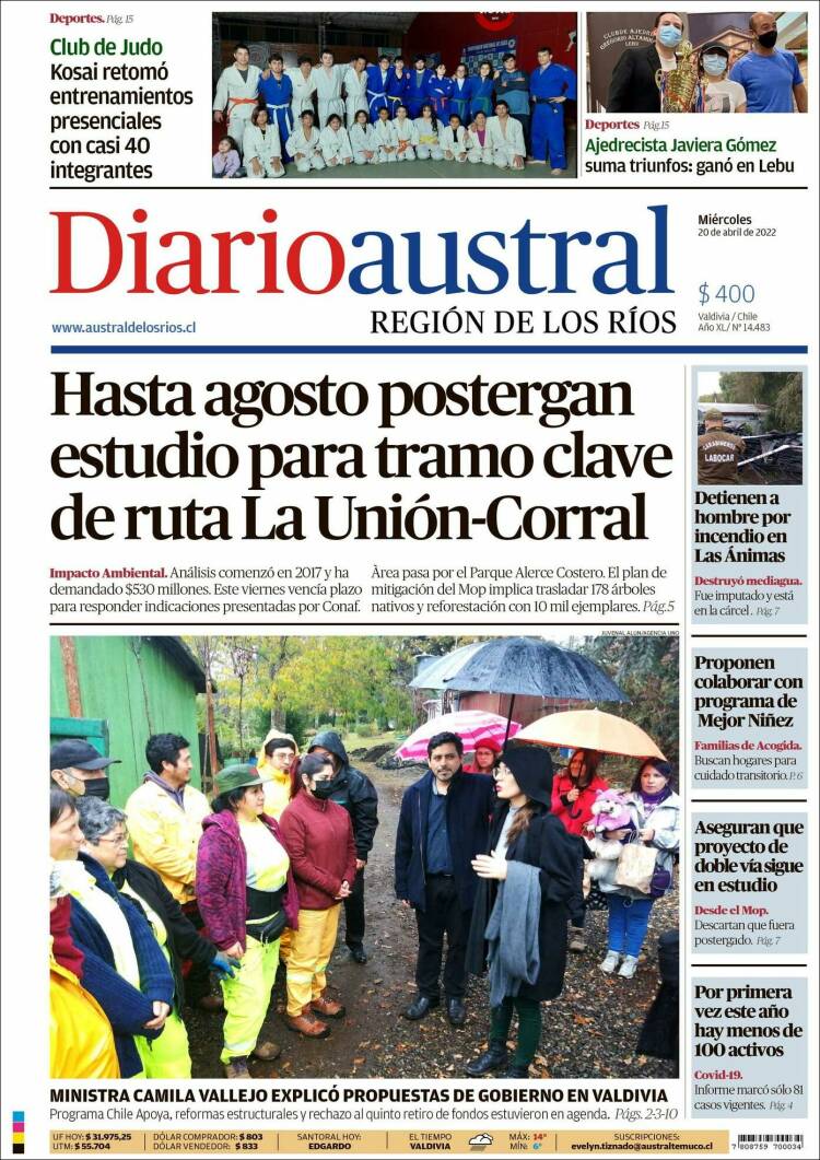 Portada de El Diario Austral de Valdivia (Chile)
