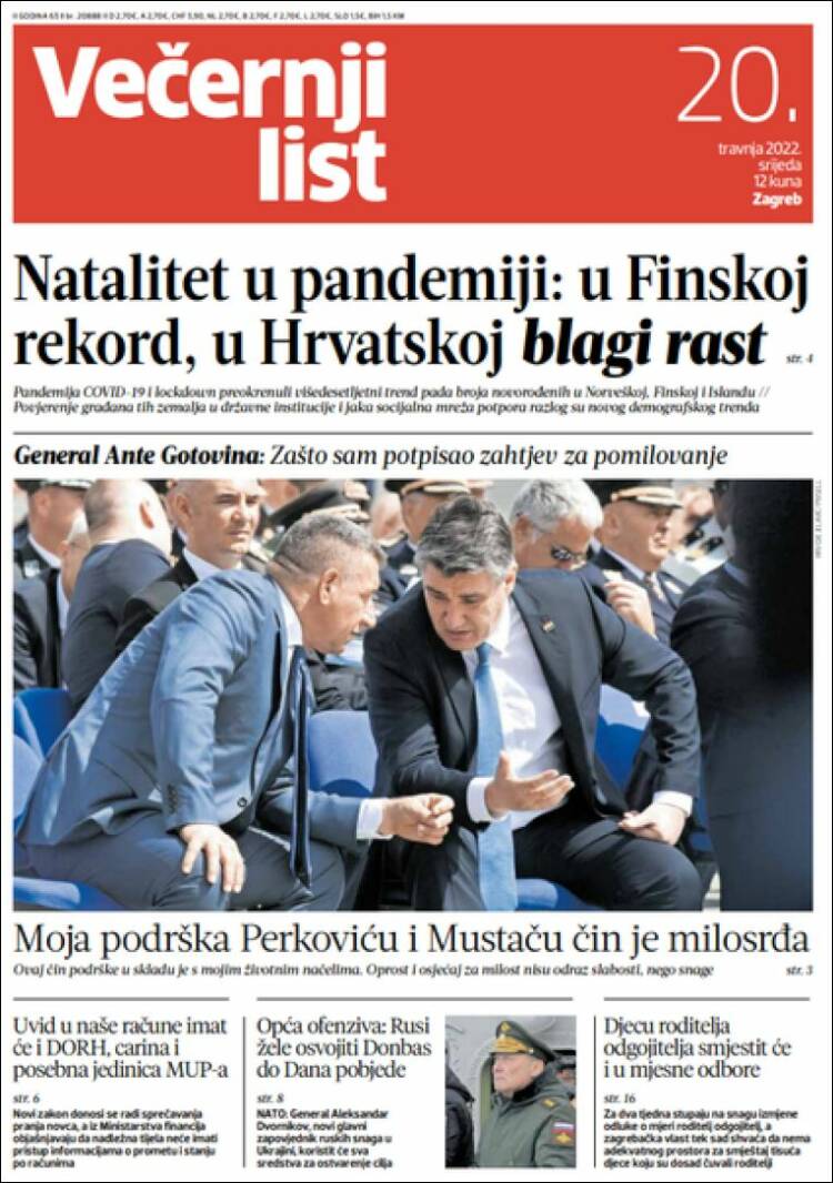 Portada de Večernji (Croacia)