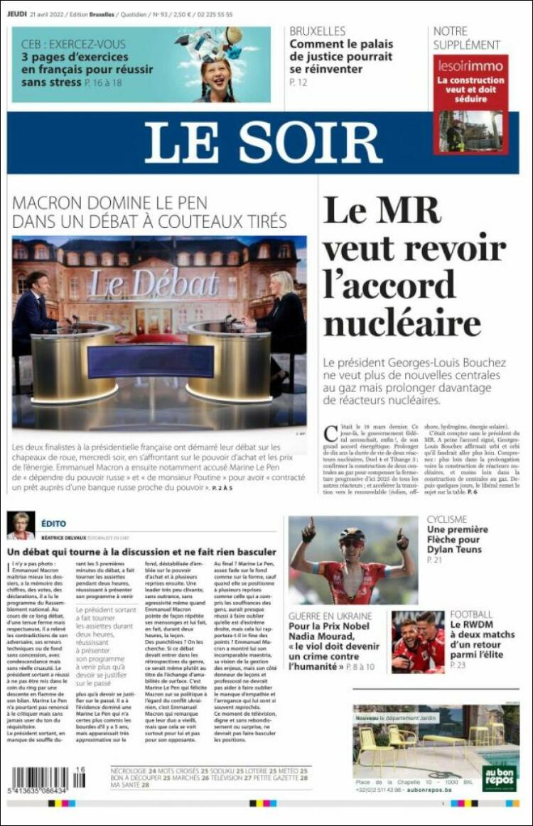 Portada de Le Soir (Bélgica)