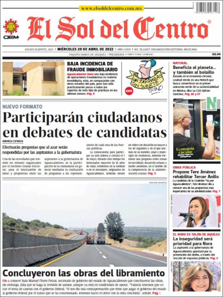 Portada de El Sol del Centro (M&eacute;xico)