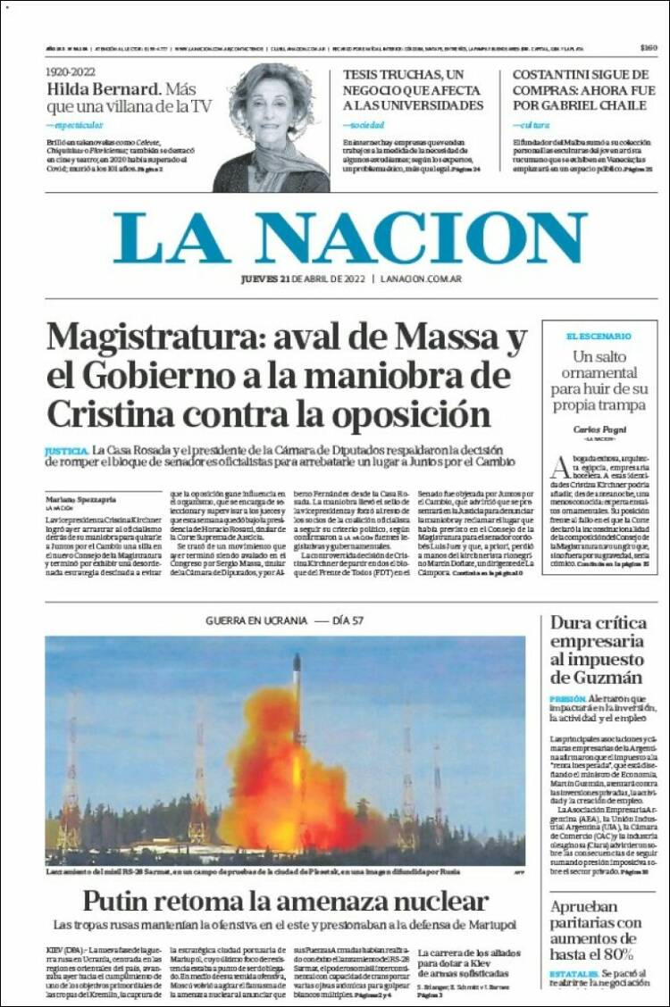 Portada de La Nación (Argentina)