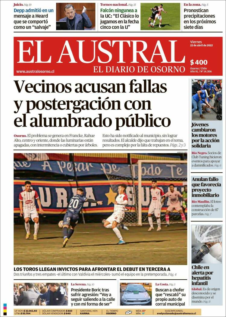 Portada de El Austral de Osorno (Chile)