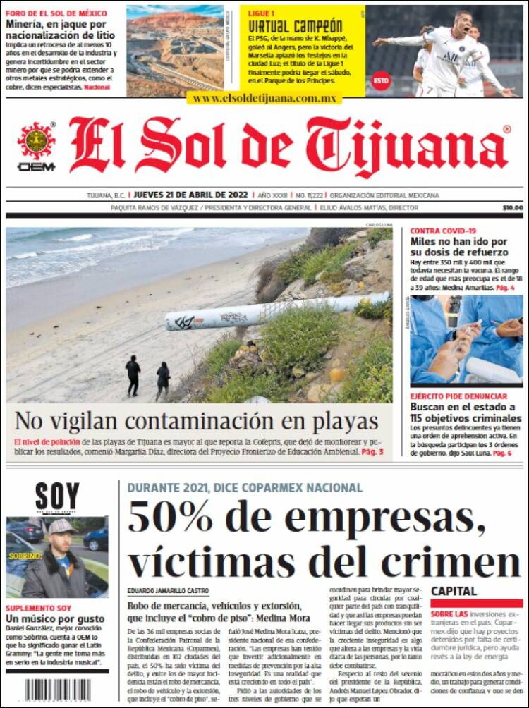 Portada de El Sol de Tijuana (M&eacute;xico)