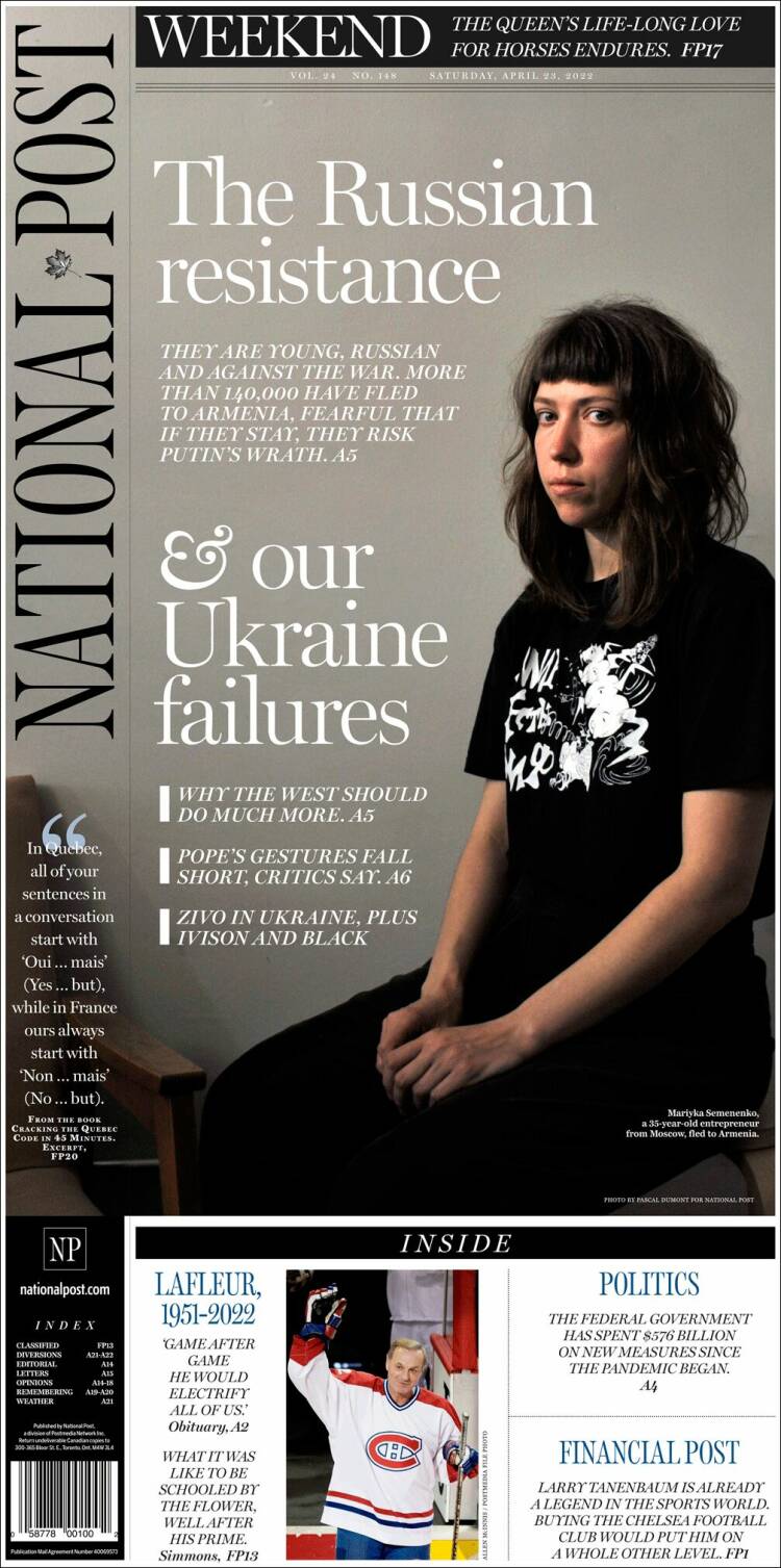 Portada de The National Post (Canadá)