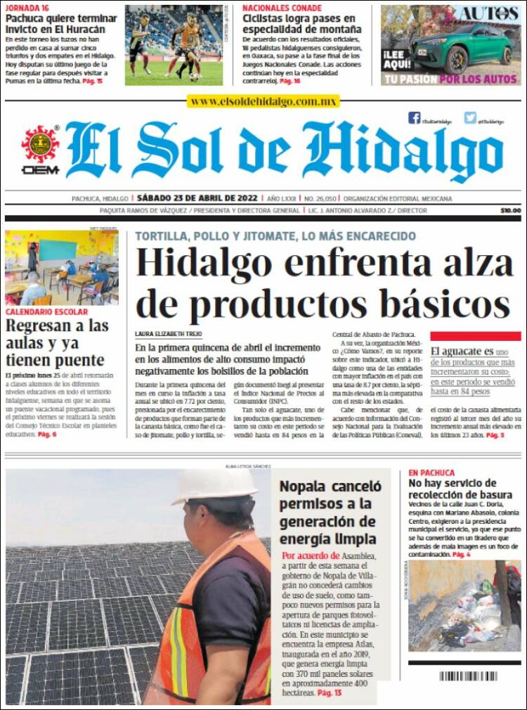 Portada de El Sol de Hidalgo (M&eacute;xico)
