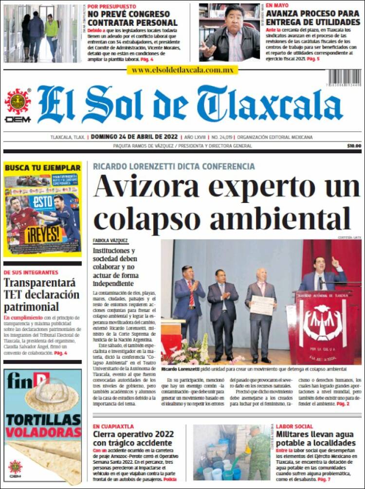 Portada de El Sol de Tlaxcala (M&eacute;xico)