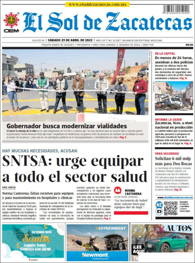 Portada de El Sol de Zacatecas (M&eacute;xico)