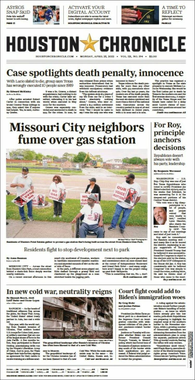 Portada de Houston Chronicle (USA)