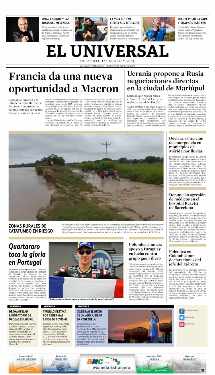 Portada de Universal (Venezuela)