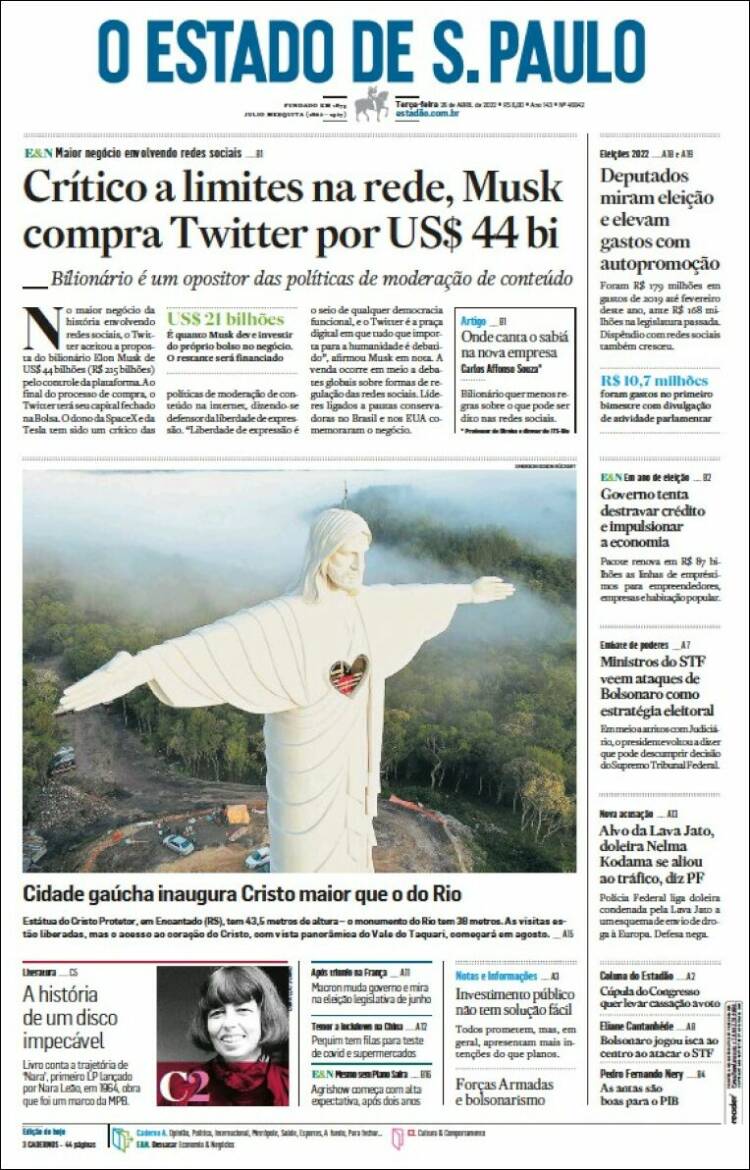 Portada de O Estado de São Paulo (Brasil)