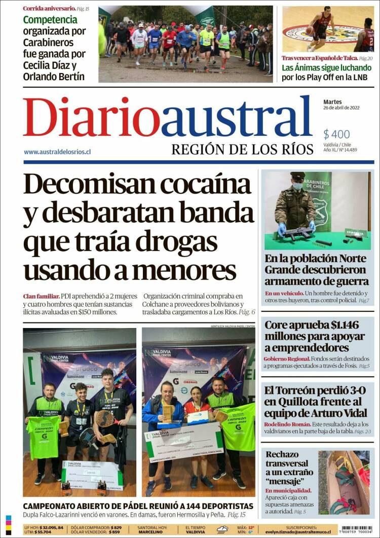 Portada de El Diario Austral de Valdivia (Chile)