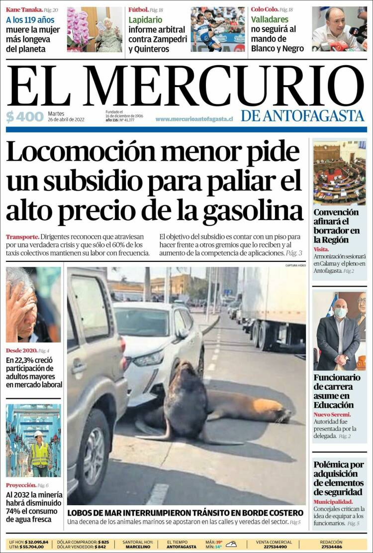 Portada de El Mercurio de Antofagasta (Chile)