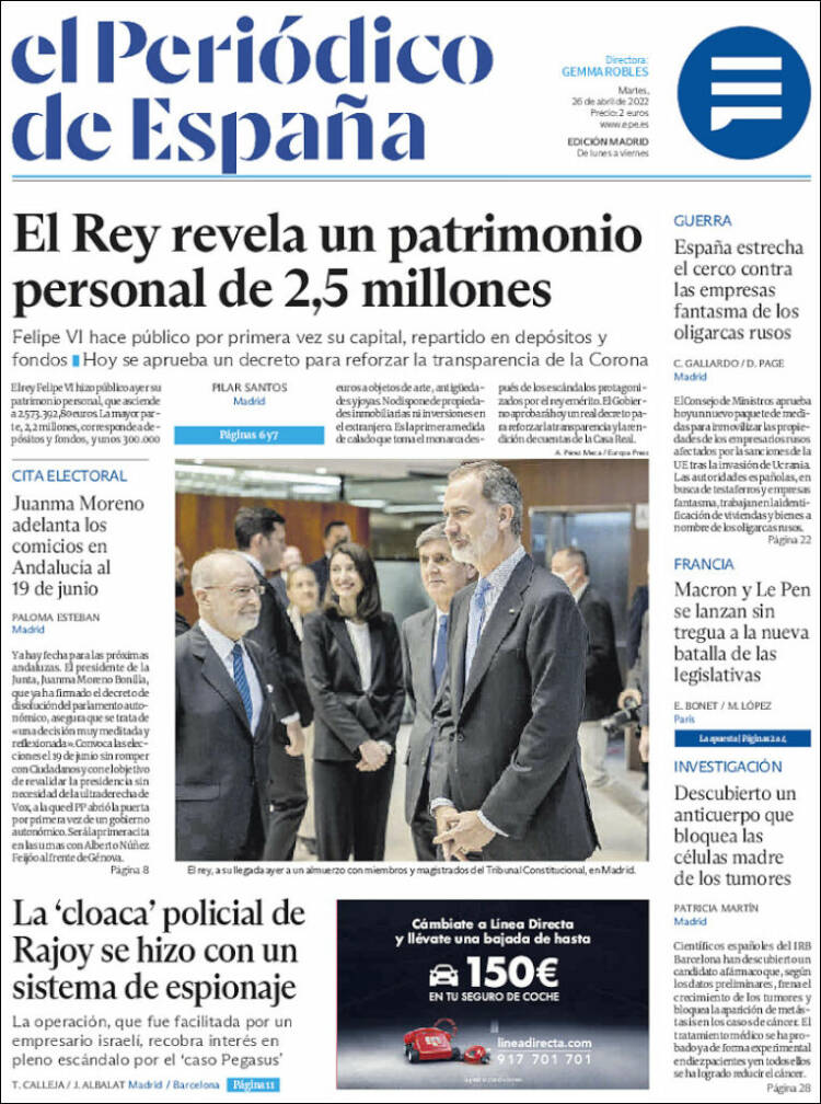 Portada de El Periódico de España (España)