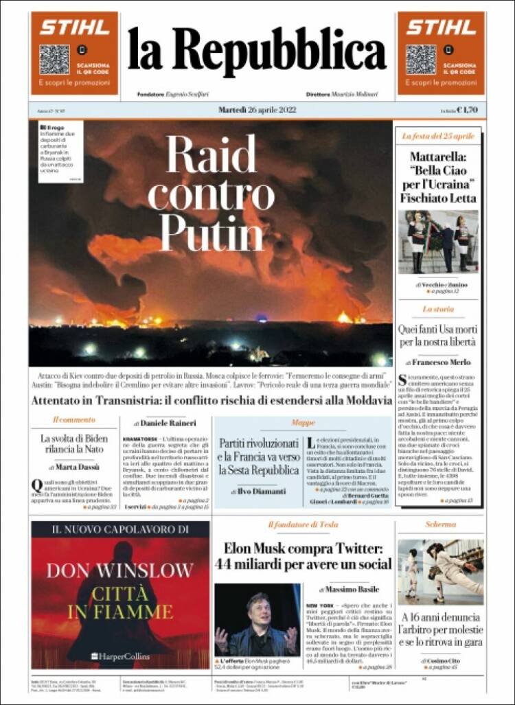 Portada de La Repubblica (Italia)
