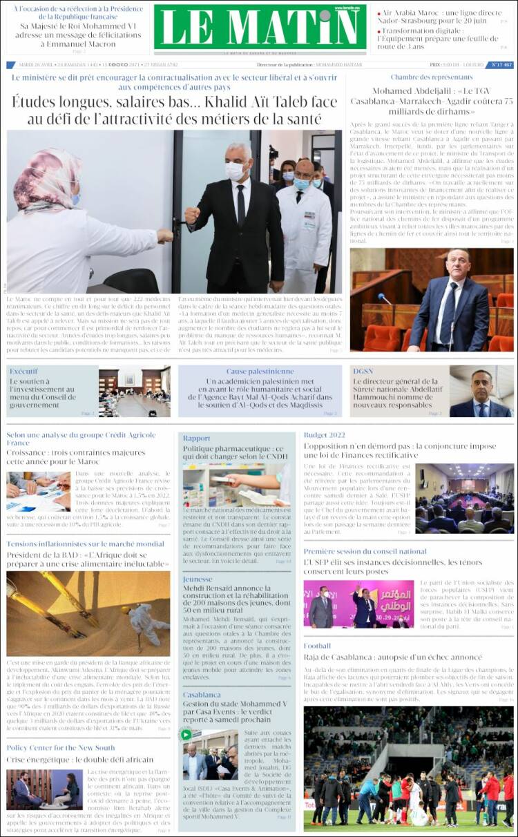 Portada de Le Matin (Marruecos)