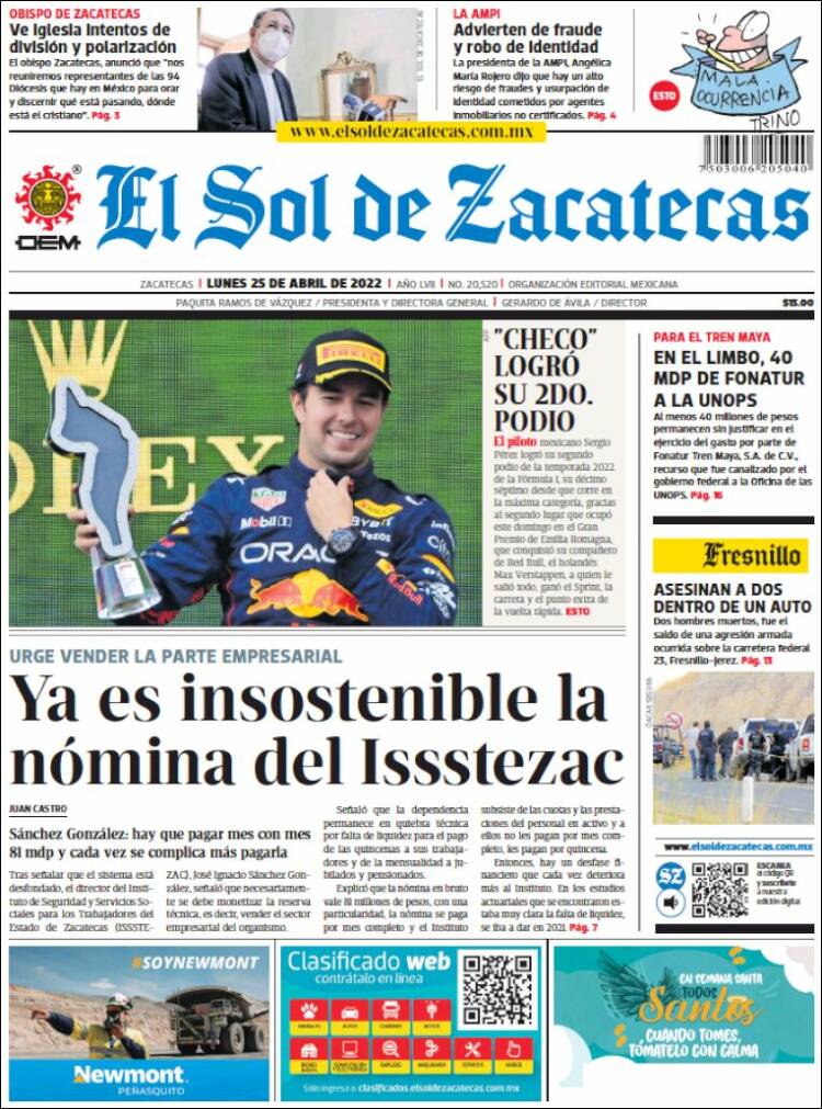 Portada de El Sol de Zacatecas (M&eacute;xico)