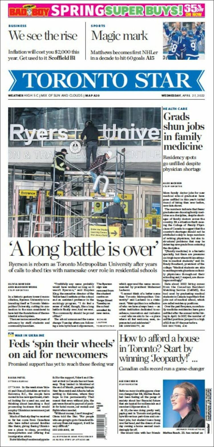 Portada de The Toronto Star (Canada)