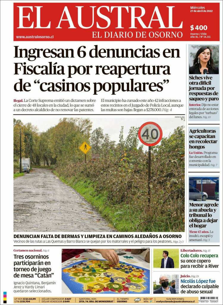 Portada de El Austral de Osorno (Chile)