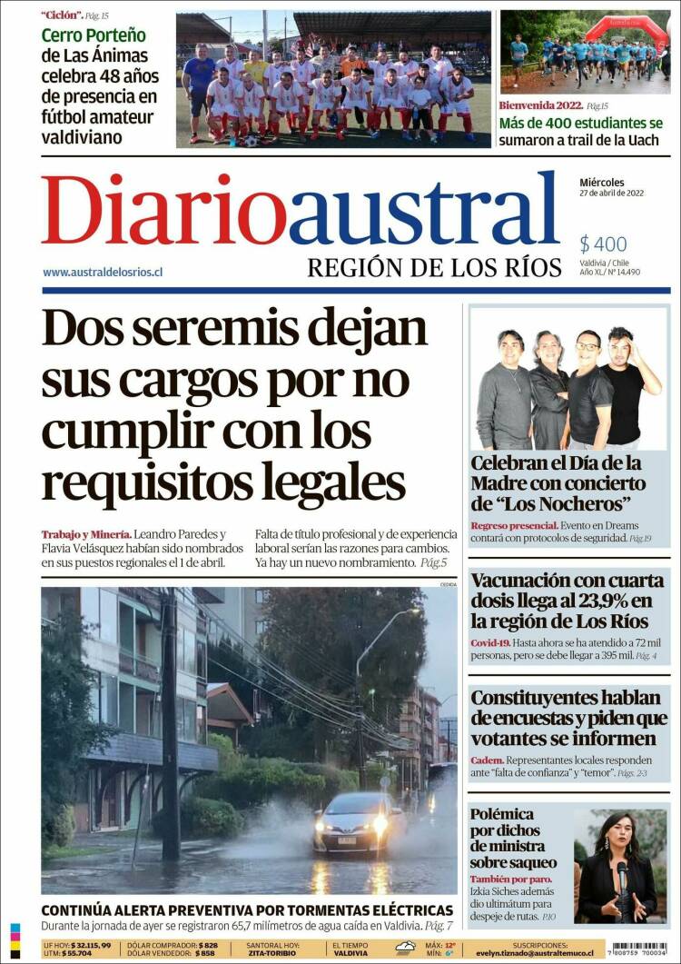 Portada de El Diario Austral de Valdivia (Chile)