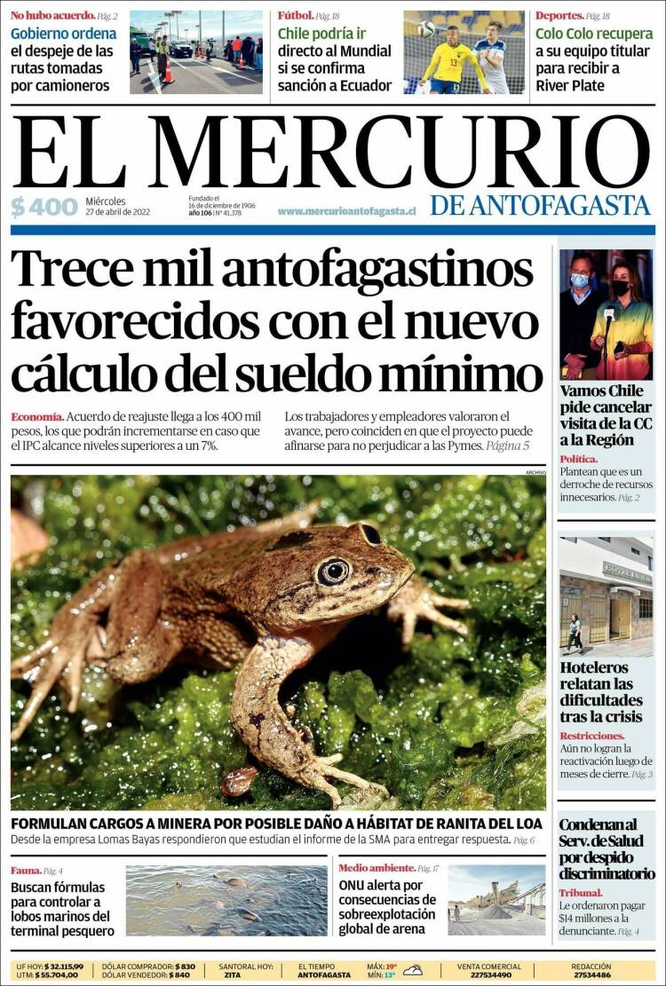 Portada de El Mercurio de Antofagasta (Chile)
