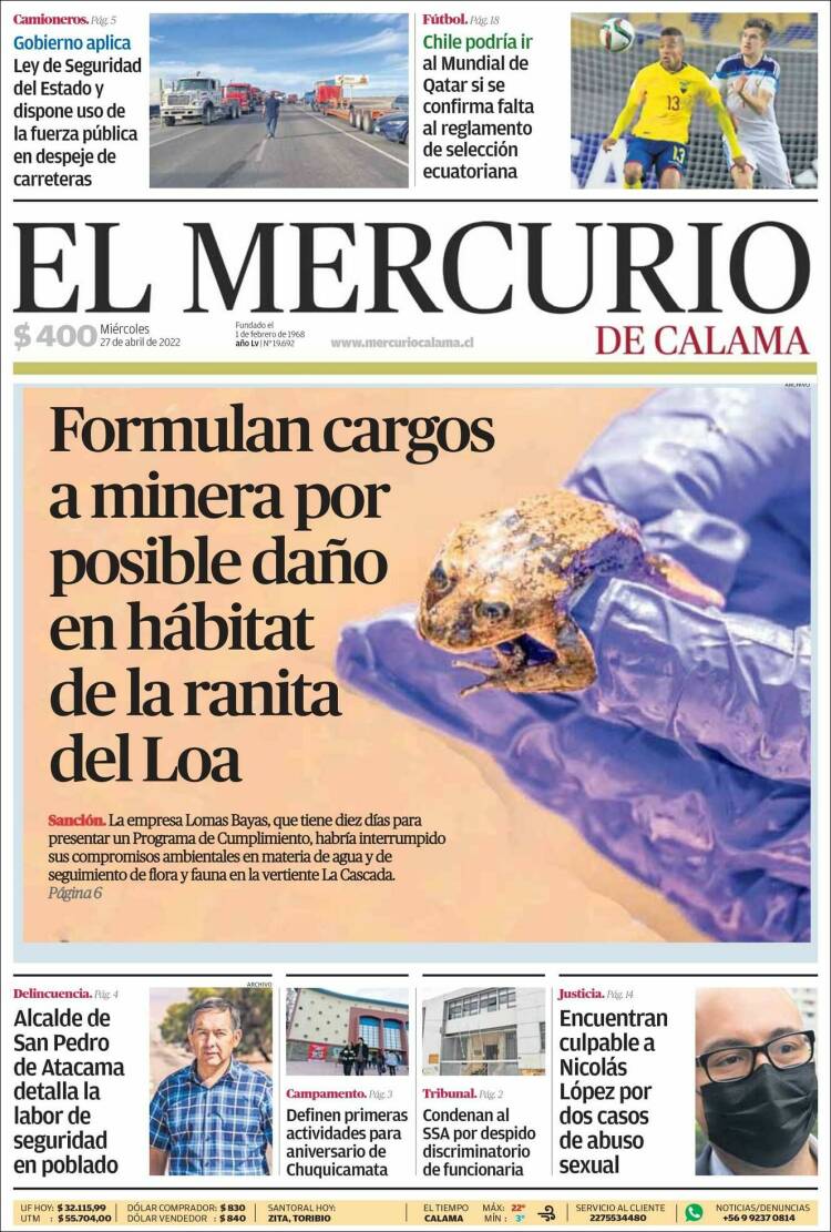Portada de El Mercurio - Calama (Chile)