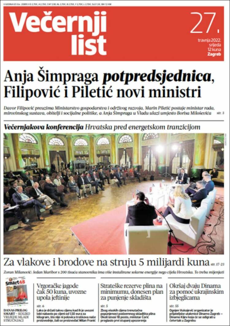 Portada de Večernji (Croacia)