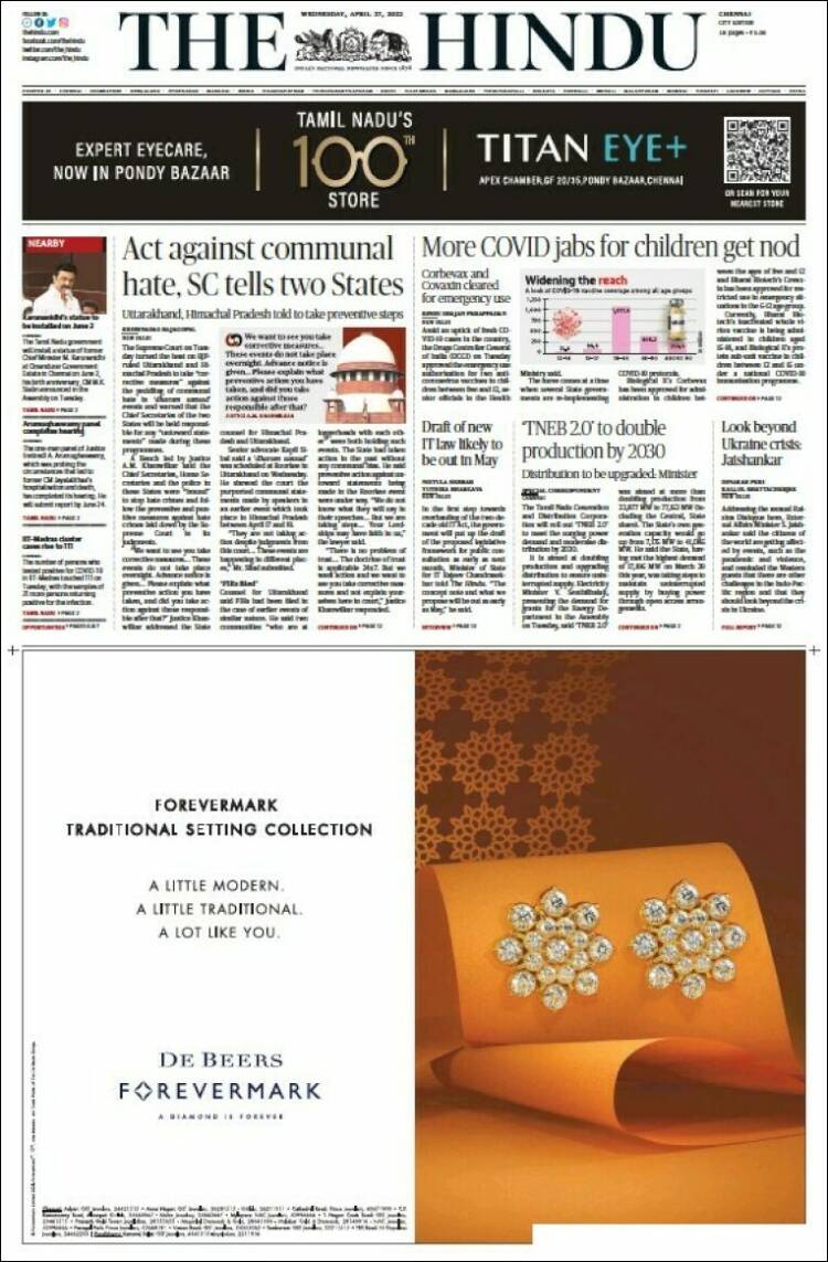 Portada de The Hindu (India)