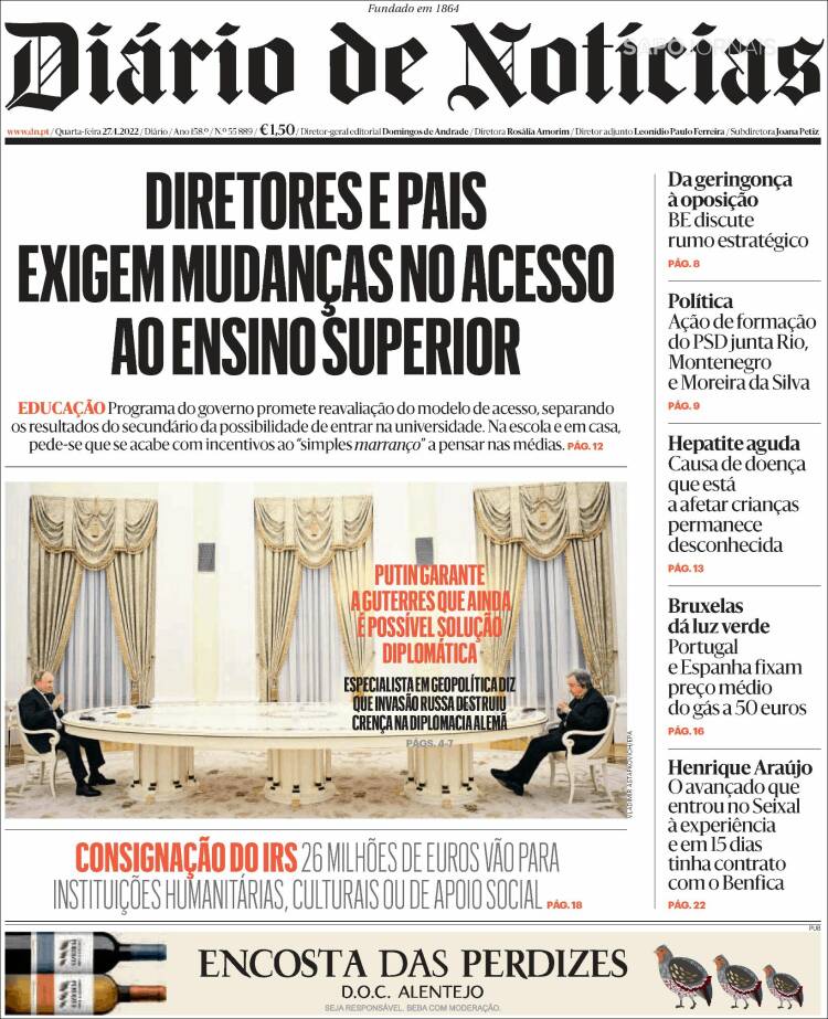 Portada de Diário de Noticias (Portugal)